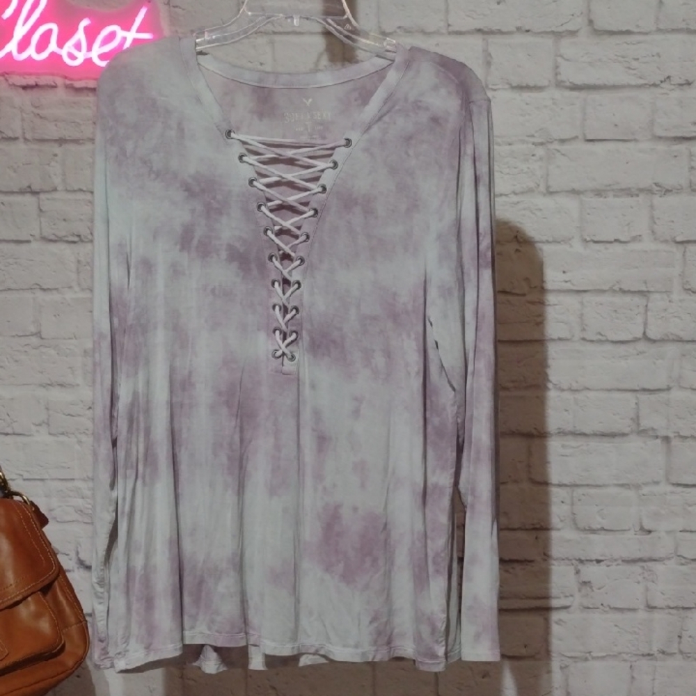American Eagle Outfitters Purple Lace-Up Long Sleeve Top